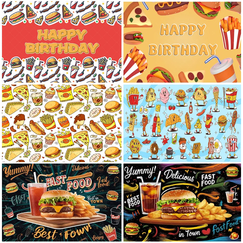 

Fast Food Theme Birthday Backdrop French Fries Pizza Hamburger Party Decorations Fried Chicken Hot Dog Baby Shower Supplies Gift