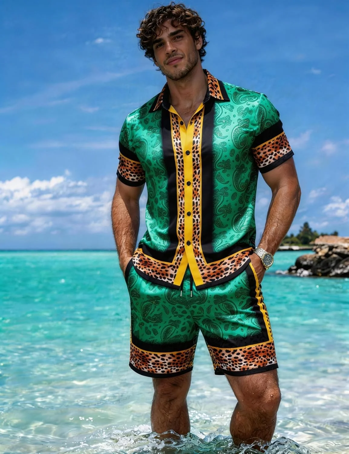 2026 Men's Satin Texture Polyester Fabric Short Sleeve Shorts 2-piece Set Hawaiian Beach Resort Nightclub Performance Clothing