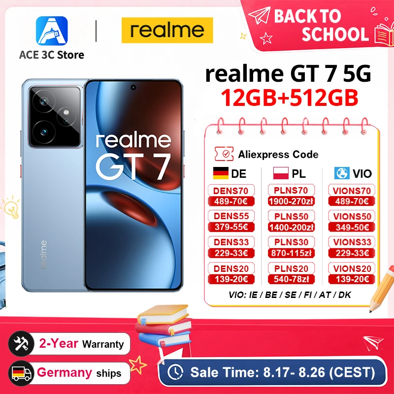 realme GT 7 5G Smartphone, Europäische Version, MTK Dimensity 9400e, 6000nits Pro-Esports Display, 7000mAh Akku, 120W Ultra Charge