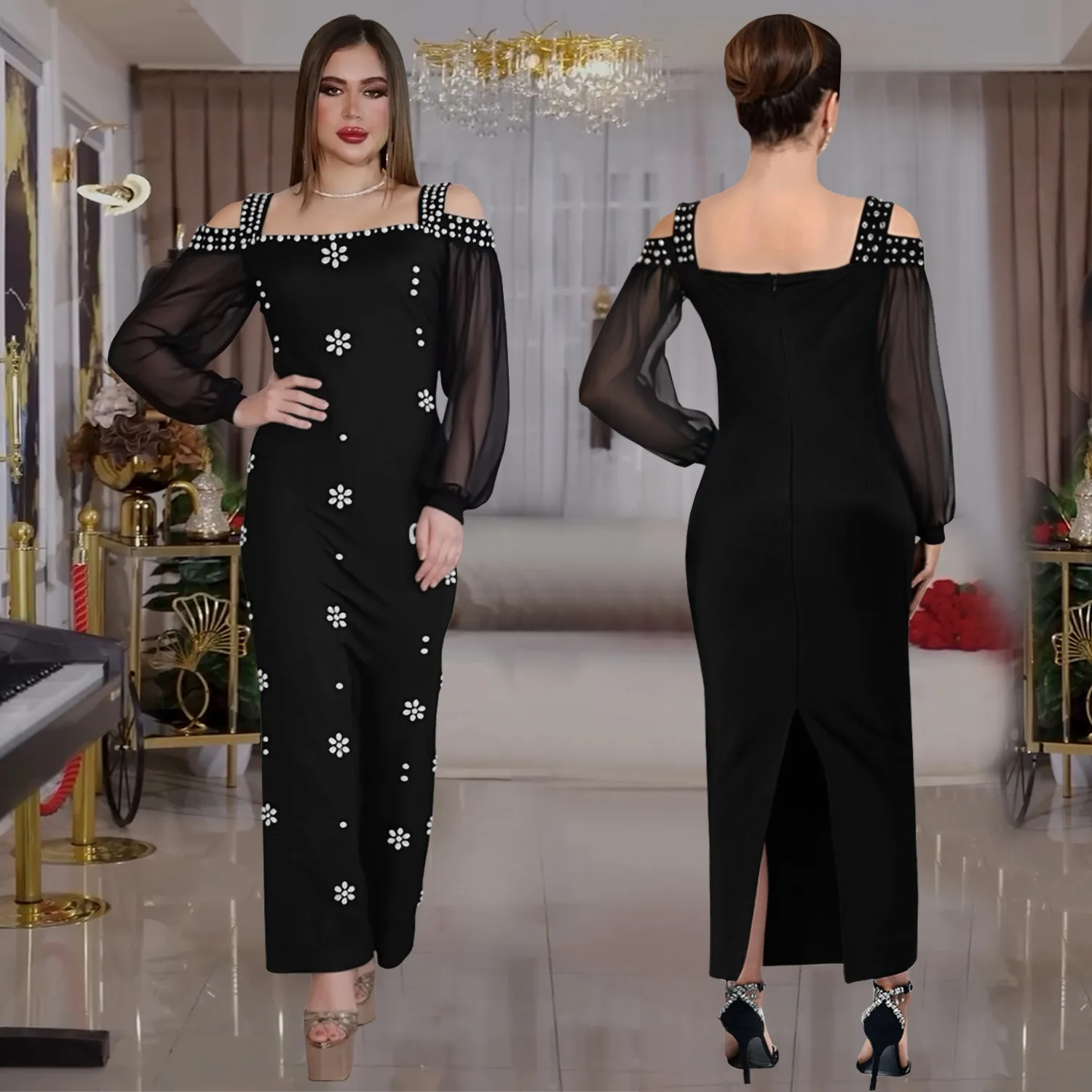 

Sexy Nightclub Party Dance Gathering Club Banquet Solid Color Elegant Rhinestone Square Neck Mesh Fitted Dress