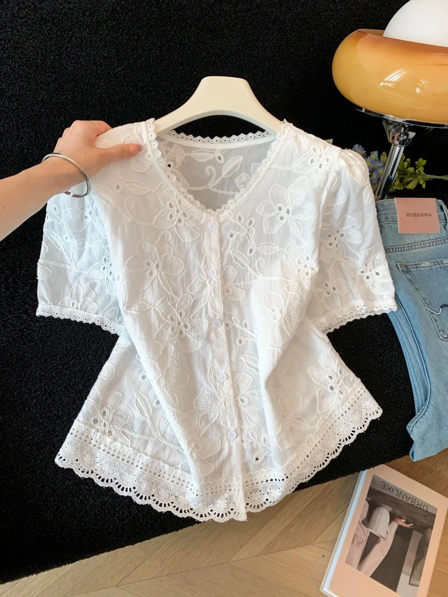 

Lace Trim Embroidered Bubble Sleeve Shirt Women's Summer New Style Pure Desire Beautiful Short Sleeve Top Korean Version Slim...