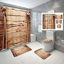 Wooden Rustic Shower Curtain Sets Farmhouse Brown with Non-Slip Rugs Toilet Lid Cover Bath Mat Waterproof Bathroom Decor Set