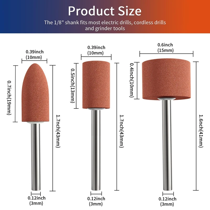 لقم صنفرة ABBO لأداة دريمل الدوارة، لقم ثقب صنفرة الحجر مع ساق 1/8 بوصة، ملحقات صنفرة 3 أشكال