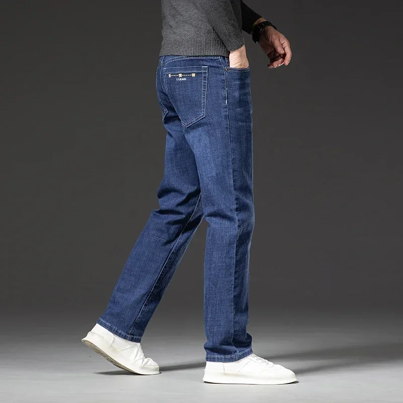 Calça jeans grossa de lã quente masculina, calça reta solta de caxemira stretch, denim multiplica calças plus size, nova, de inverno