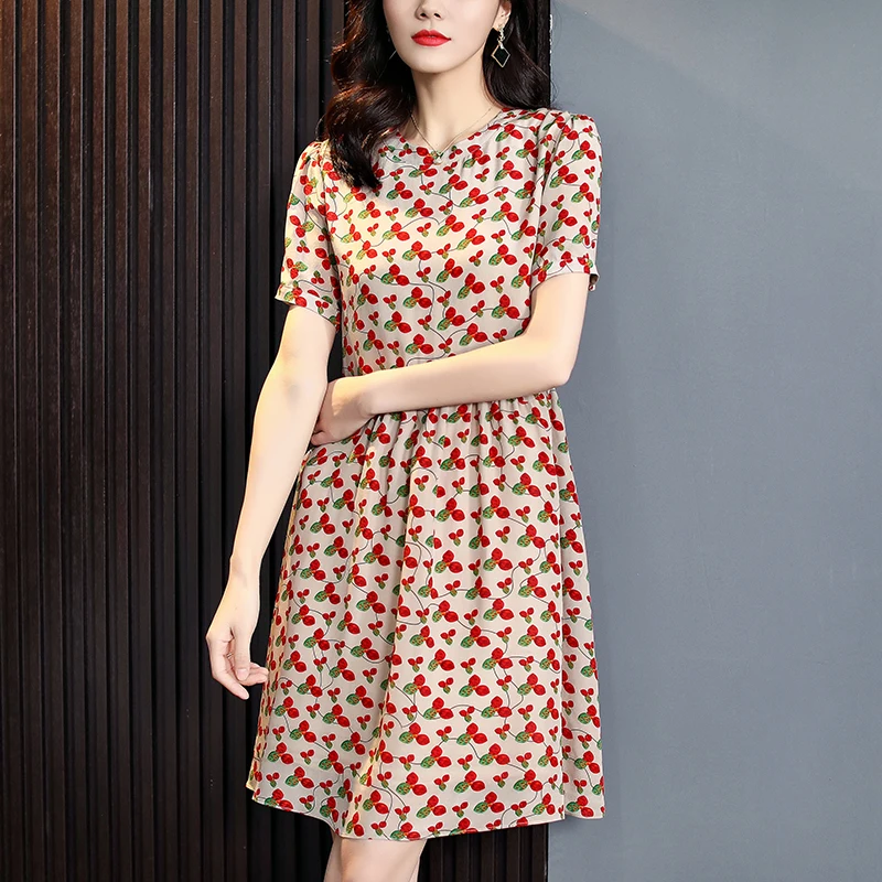 

Chic 100% Real Silk Women's Summer Dresses Elegant Fashion O-neck Short Sleeve Woman Printed Mid Dress Casual Woman A-line Dress