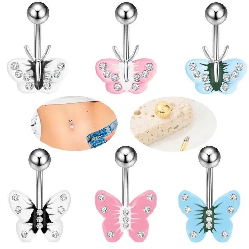 Butterfly Navel Rings Multi-Colored Dripping Oil Stainless Steel Long Lasting Shiny Body Jewelry for Women Daily Wear