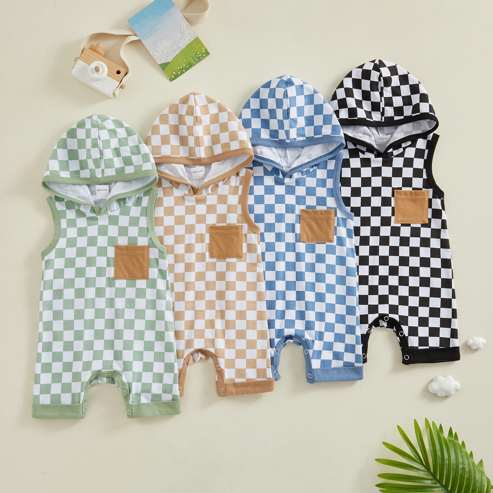 

Baby Boys Rompers Checkerboard Pocket Hooded Sleeveless Hoodies Jumpsuits Summer Clothes Infant Bodysuits