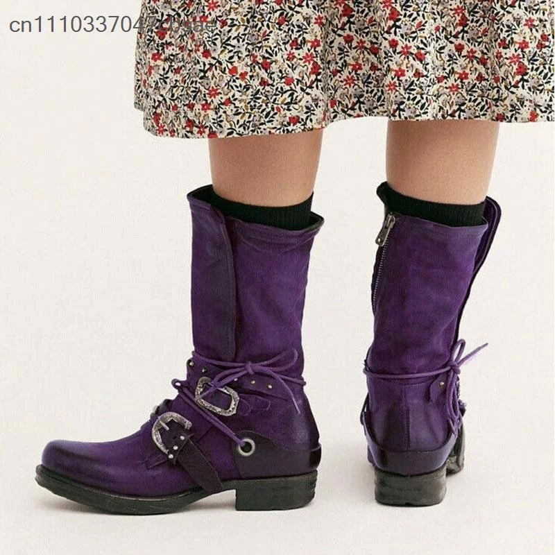 Trendy Ladies Punk Style Mid Calf Biker Boots Multi Vintage Metal Buckle Decor Shoes Side Zip Closure Low Block Heel Soft Boot 5