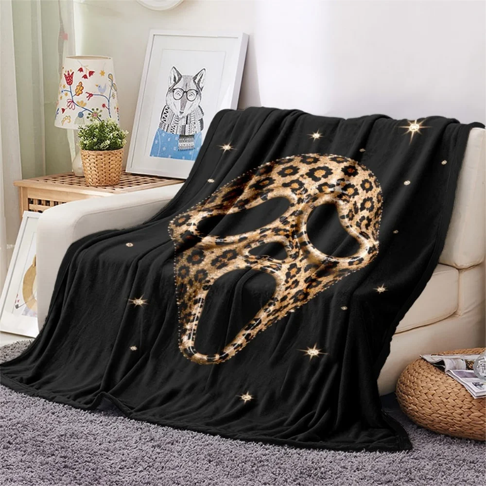 Leopard Print Scream Ghost Face Graphic Fleece Throw Blanket Soft Warm Lightweight Blanket for Sofa Couch Bed Gothic Stylish
