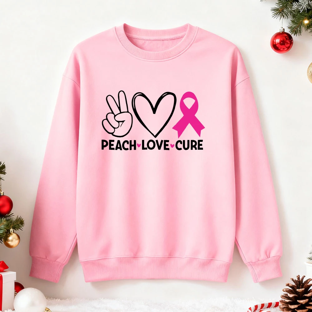 PEACE LOVE CURE Breast Cancer Awareness Sweatshirt Unisex Fall Pullover Pink Ribbon Theme October Support Holiday Gift Tops