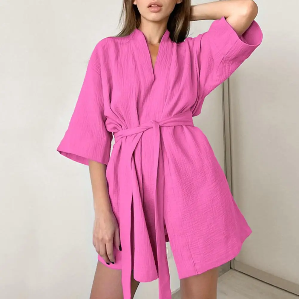 

Crape Cotton Robe Women's Nightwear Mini Bathrobes Lace Up Sleepwear Muslin Women'S Home Clothes Solid Color Robes Women Nightie