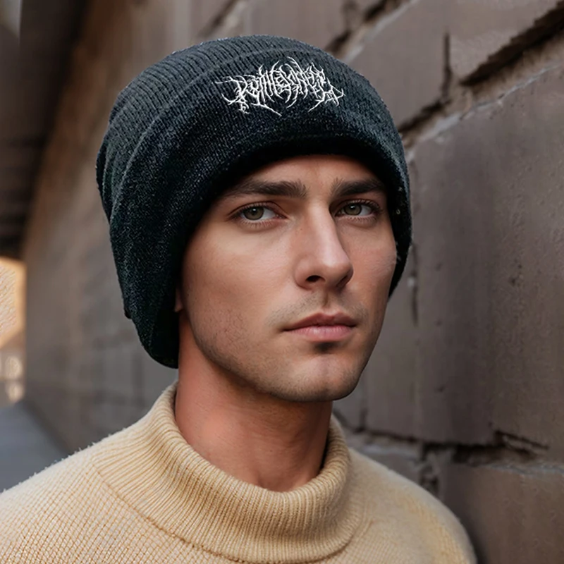 

Fashion Punk Style Embroidered Beanie Hat for Men Women Warm Hip Hop Hat Minimalist Ski Cap Winter Street Knitted Hood