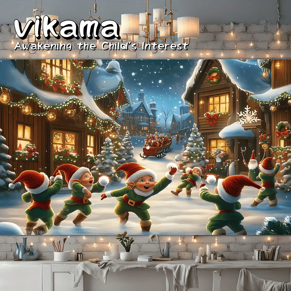 VIKAMA Weihnachts-Wandteppich zum Aufhängen an der Wand, festliches Elfen-Schneeszene-Design für Urlaub und Neujahr, Heim-Wanddekoration