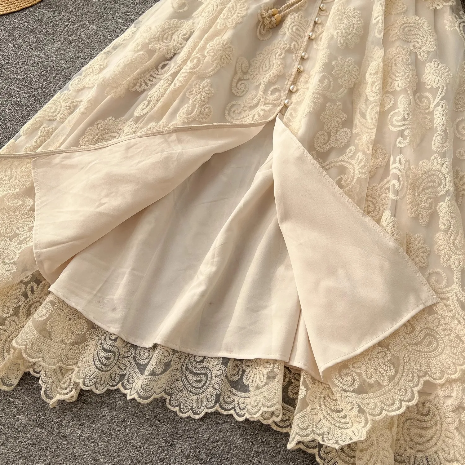 Sommer Runway Blume Spitze Bestickt Kleid Französisch Frauen Stehen Lanetern Hülse Elegante Schärpen Vintage Party Lange Robe Vestidos