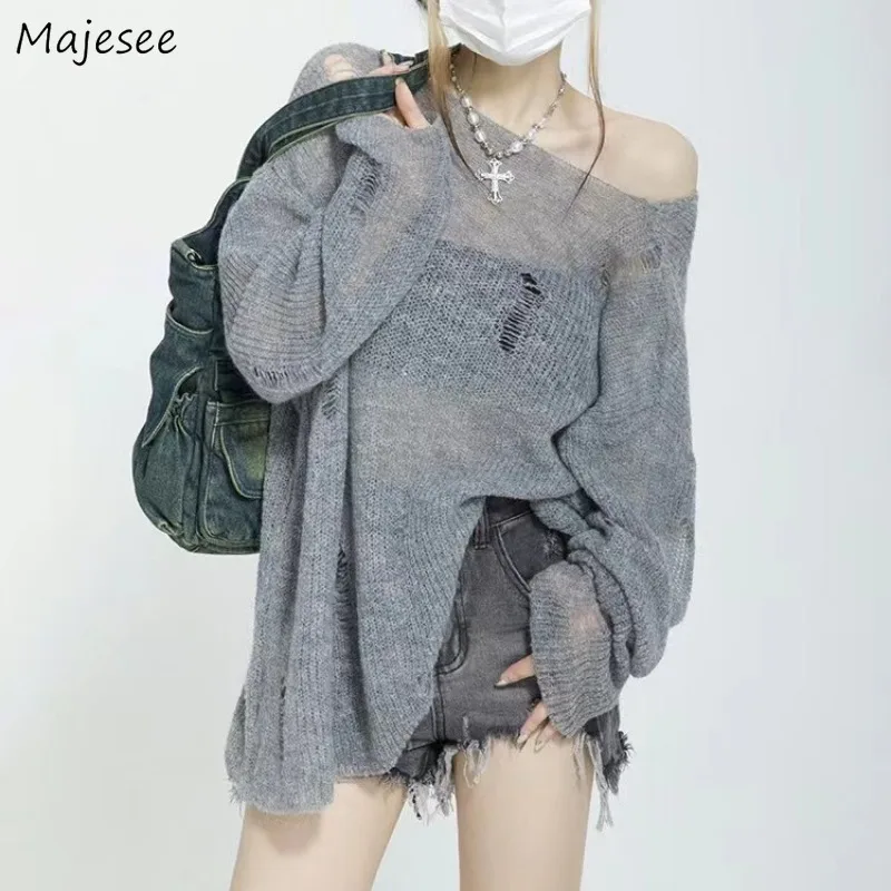 

Pullovers Women Slash Neck Ripped Knitted Sweater Long-sleeved Loose Fit See-through All-match Trendy Ulzzang Sun-proof Summer