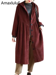 Amax luluE Autumn Long Clothes Womens Fashion Oversized Hooded Corduroy Trench Coats Ladies Casual Vintage Thicken Windbreakers
