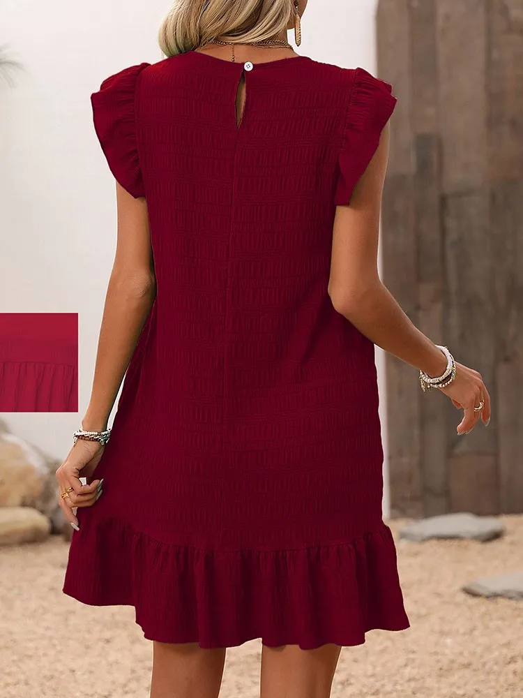 Summer Women O-neck Fashion Pleated Beach Sundress Dress Ruffle Sleeve Sweetheart Mini Dress Elegant Green Dresses For Women