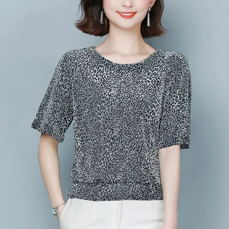 Fashion Summer Women T-shirt O-neck Elegant Shine Glitter Tops Short Sleeve Casual Blouses