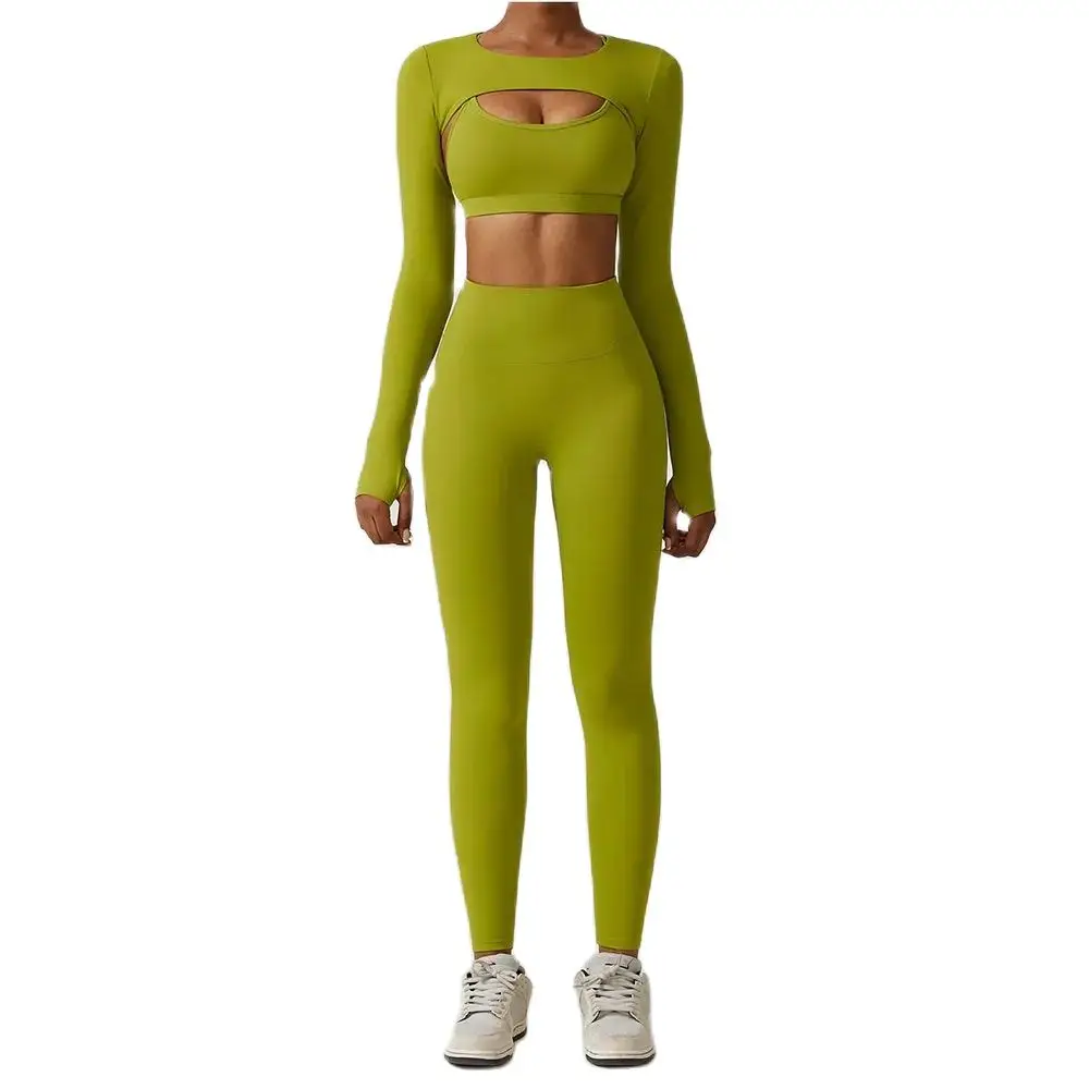 Damska odzież sportowa Zestaw do jogi Odzież do ćwiczeń Odzież sportowa Legginsy do ćwiczeń 2/3PCS Biustonosz fitness Crop Top Kombinezon do jogi z długim rękawem — zdjęcie 2