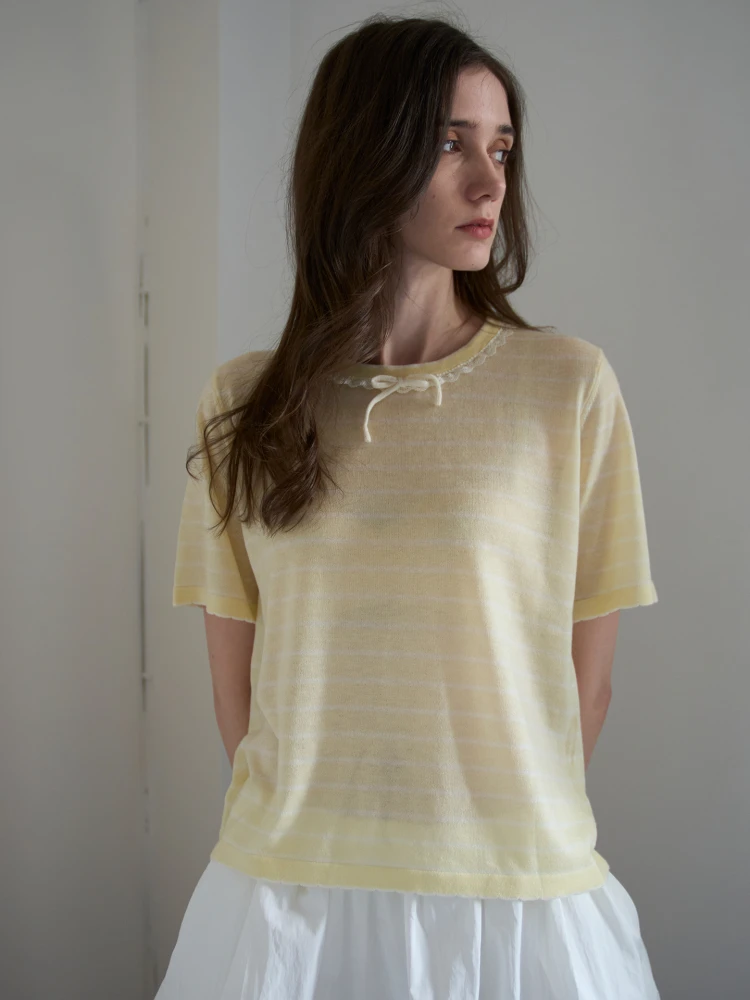 

Корейская женская трикотажная футболка из шерсти в полоску с узлом, прямого кроя, стандартной длины, летняя новинка