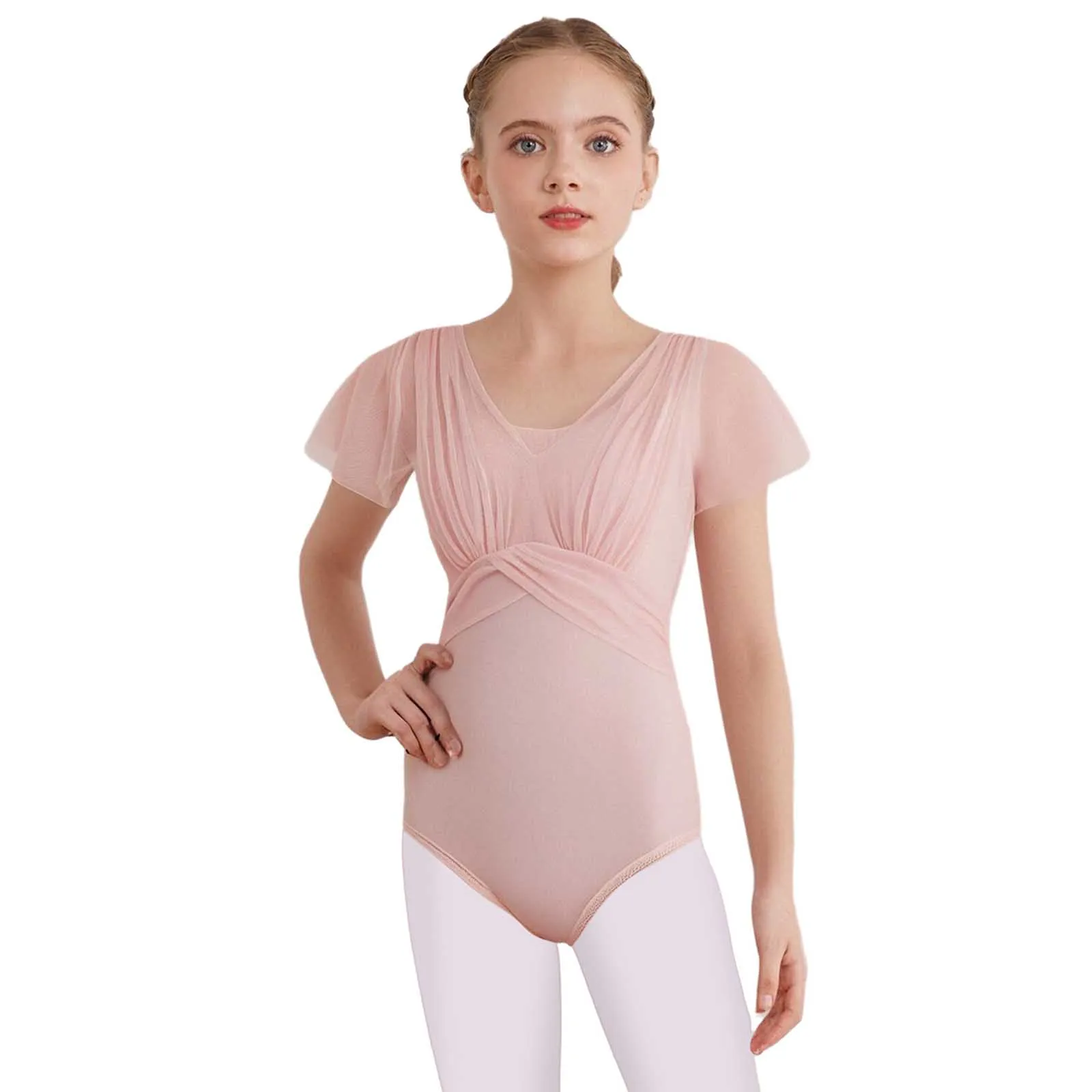 

Kids Girls Leotard for Ballet Dance Practice Ruffled Sleeves Ruched Sheer Mesh Overlay Bodice Bodysuit Stage Performance Costume