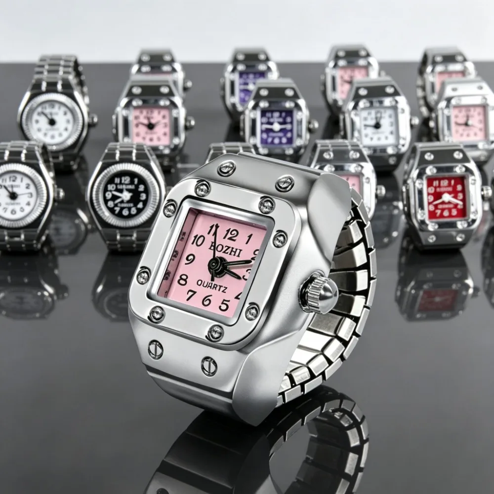 Fashion Couple Square Dial Finger Ring Watch Alloy Shell Creative Mini Jewelry Men Women Daily Decor