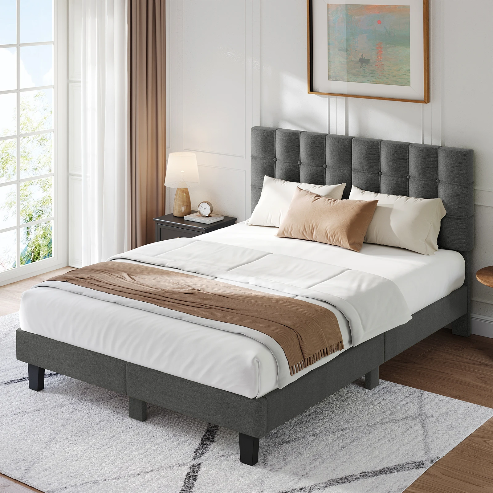 Lit 140x190 cm HavenlyHome Lin Gris Anthracite, Tête de Lit Capitonnée, Sommier Inclus, Design Élégant, Lit Double Adulte