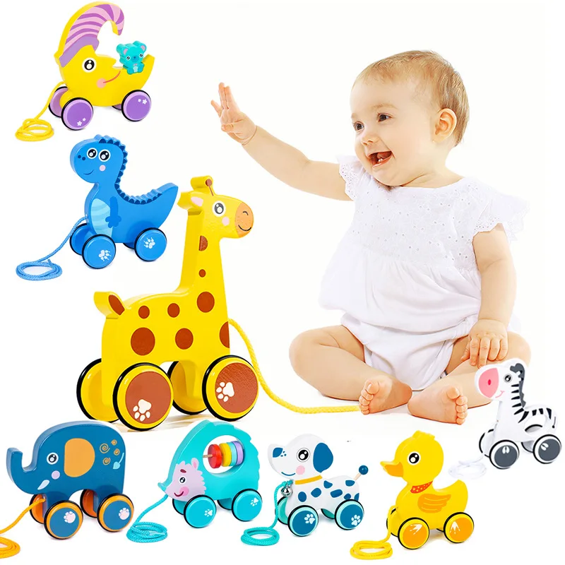 

Wooden Cartoon Animal Trailer Baby Puzzle Early Education Leads Crawling Exercise Walking Toddler Pull String Trailer Toys