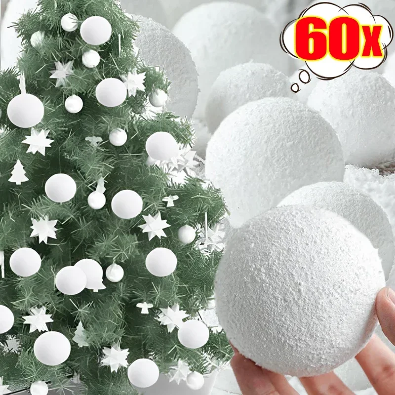 60/6Pcs White Christmas Ball Round Foam Snow Balls Xmas Tree Hanging Ornaments Home Wedding Party Festival Decoration Supplies