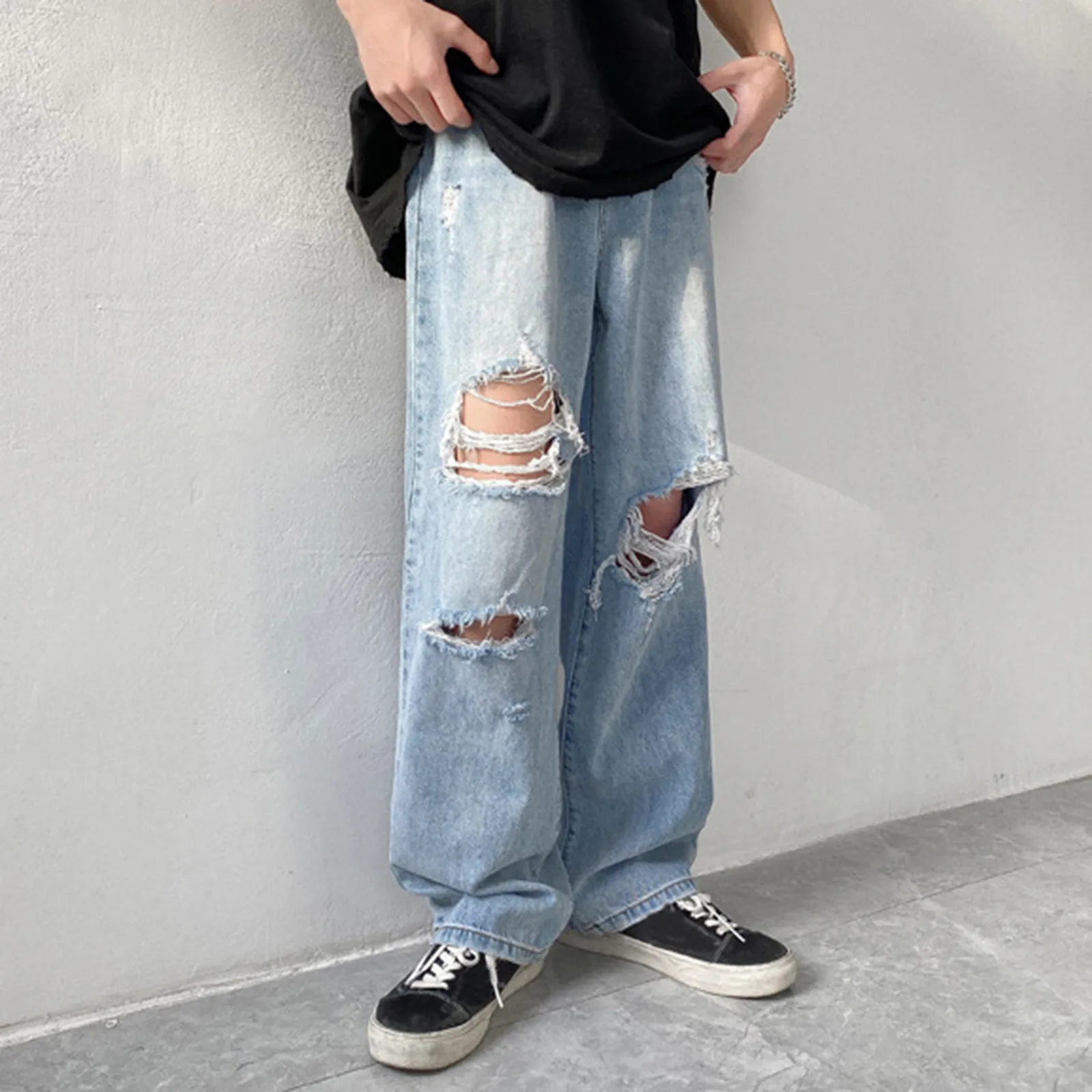 Men's Ripped Jeans Hole Wide Leg Straight Jeans Trousers 3XL Plus Size Denim Pants Loose Harajuku Streetwear Mens Grunge Clothes