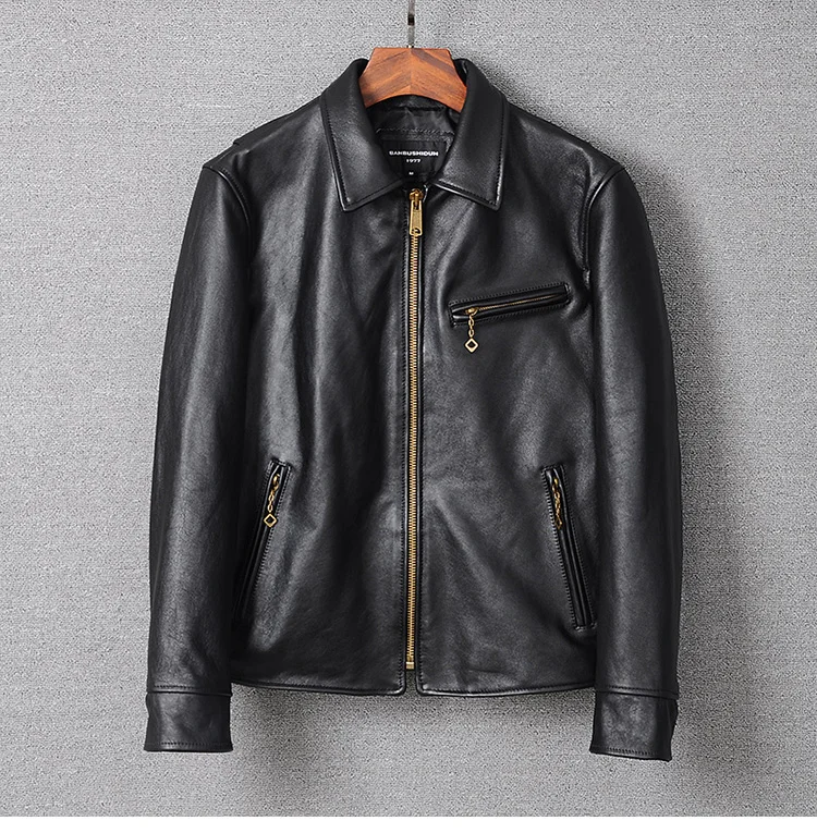 

YR!Free shipping.Men High quality genuine leather coat.black slim rider slim cowhide jacket.wholesales cool biker leather cloth