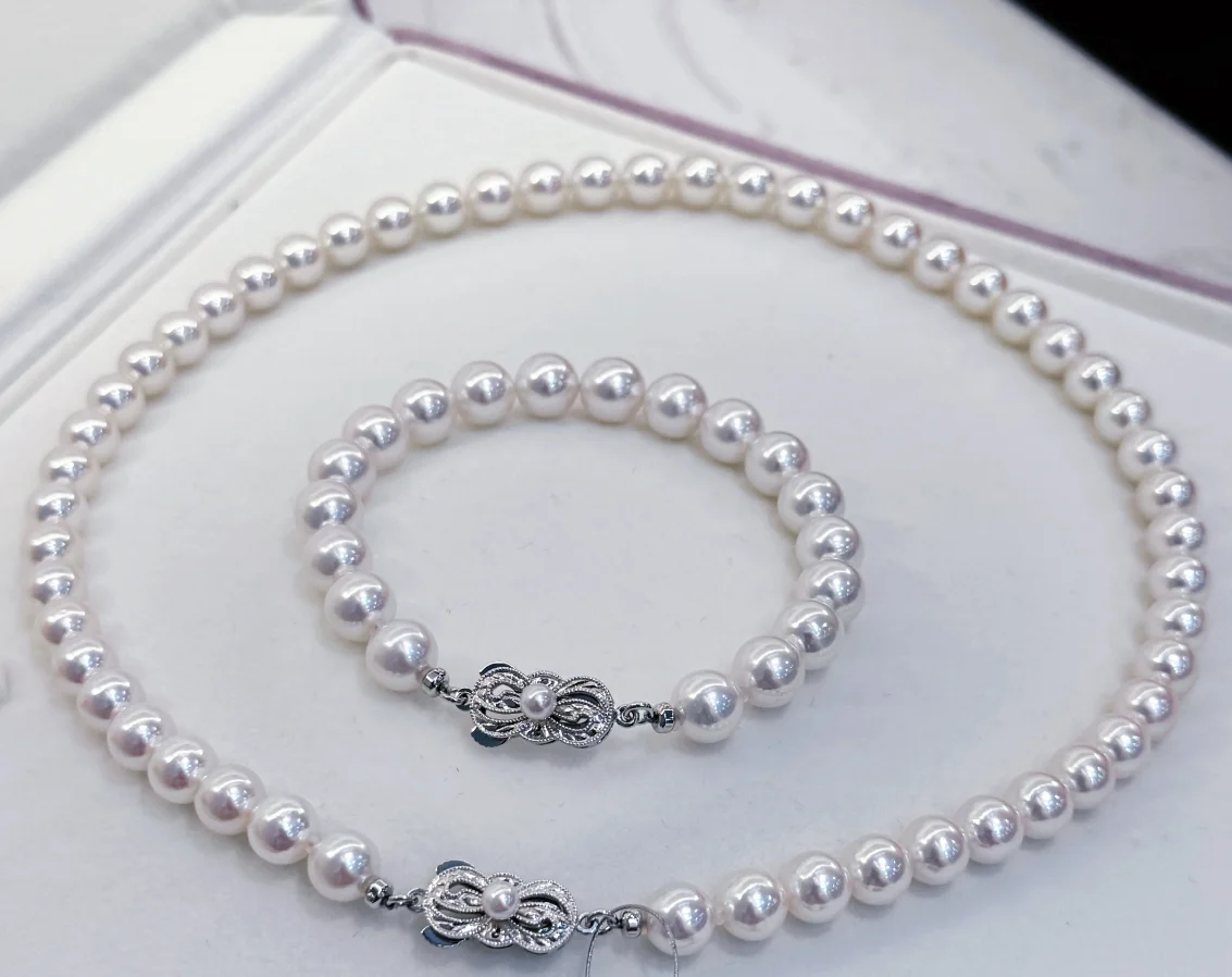 

Новинка/Ожерелье из натурального японского белого жемчуга AAAA 8-9 мм, серебро 925 пробы/18 дюймов + браслет 7,5-8 дюймов