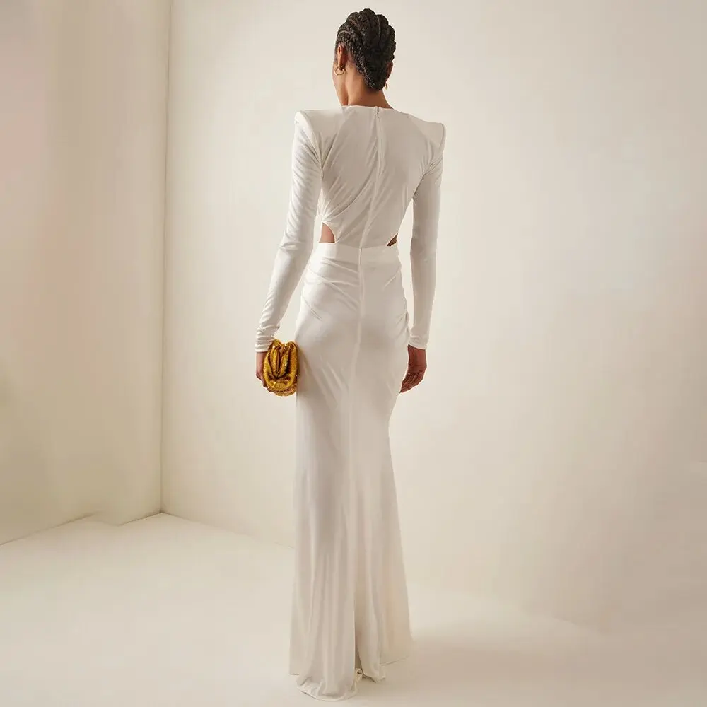 Women Elegant Luxury White Long Sleeved Sexy V-Neck Pleated Hollow High Split Long Dress Vestidos De Fiesta Evening Party Prom