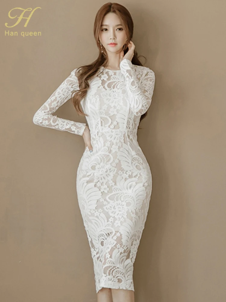 Han Queen New Lace Pencil Dress Women Hollow Out Sheath Bodycon Dresses Elegant White Mid-Calf Slim OL Work Party Vestidos