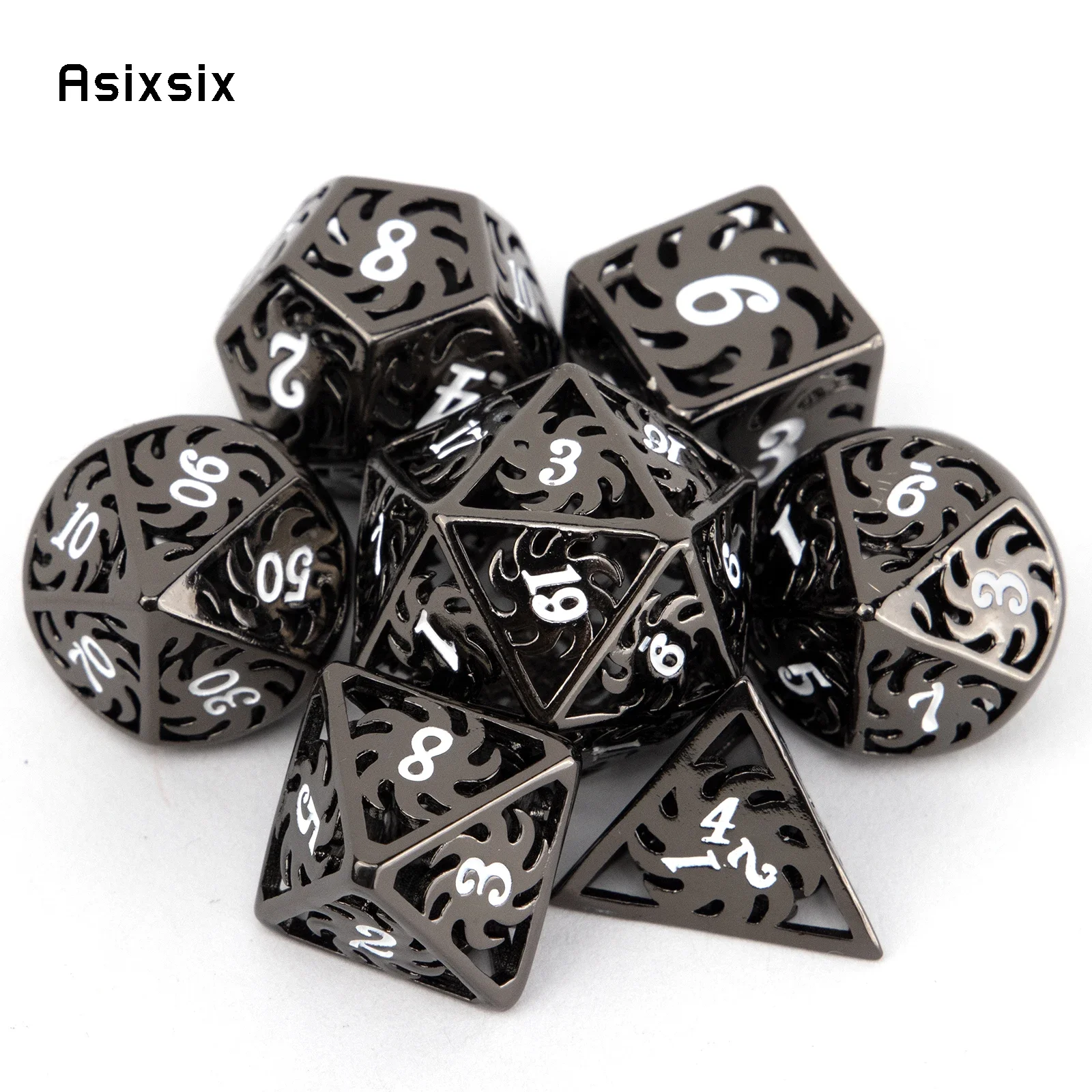 

7 Pcs White Black Rotary Windmill Metal Dice Hollow Metal Polyhedral Dice Suitable for Role-Playing RPG Board Game Card Game