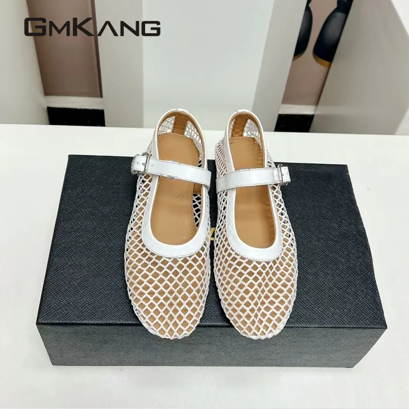 

New ballet flat shoes frau mesh hollow outs mary jane shoes real leather slipper not staples summer hiking school women