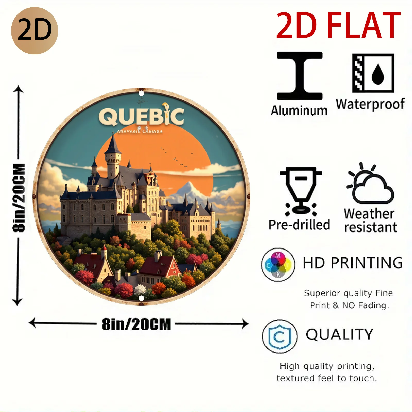 2D Flat Vintage Metal Sign Quebec Castle Scenic Travel Poster Round Wall Art Decor for Home Bar Cafe Patio Outdoor Area