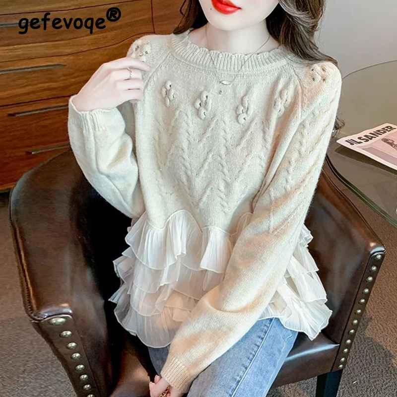 

Autumn Winter Round Neck Sweet Jacquard Ruffles Patchwork Pullover Sweater Female Long Sleeve Casual Fashion Jumpers Top Women