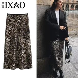 HXAO Skirts Woman Leopard Print Midi Skirt High Waist Vintage Long Skirts For Women Bow Fall Satin Skirt Elegant Women's Skirts