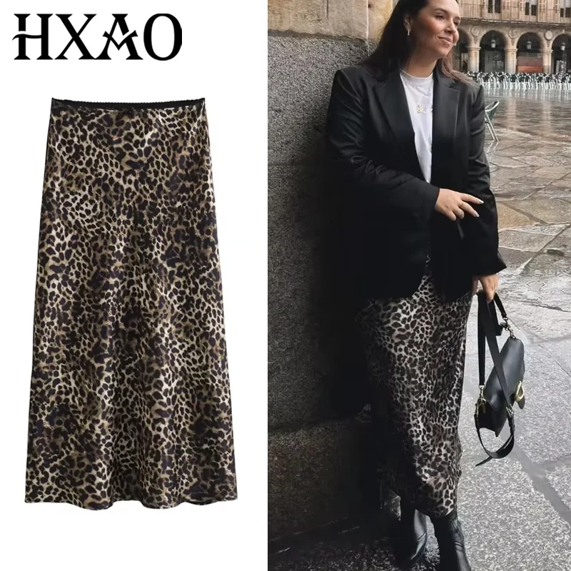 HXAO Skirts Woman Leopard Print Midi Skirt High Waist Vintage Long Skirts For Women Bow Fall Satin Skirt Elegant Women's Skirts