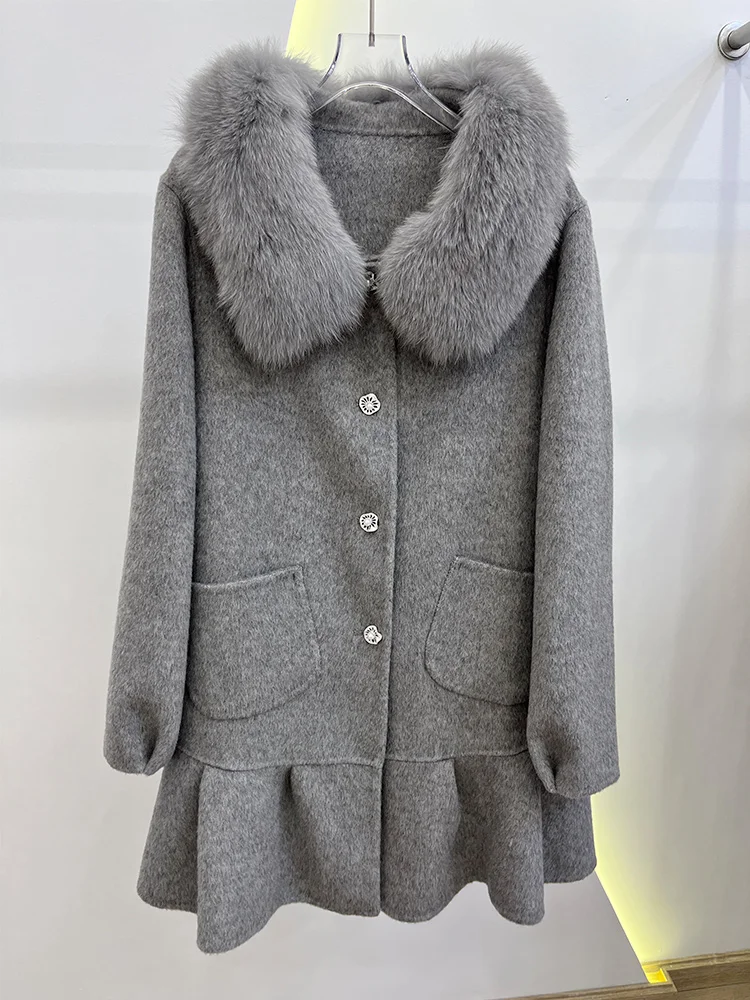 2025 Fashion Women Cashmere Wool Woolen Coat Winter Jacket Natural Real Fox Fur Collar Ladies Outerwear Streetwear