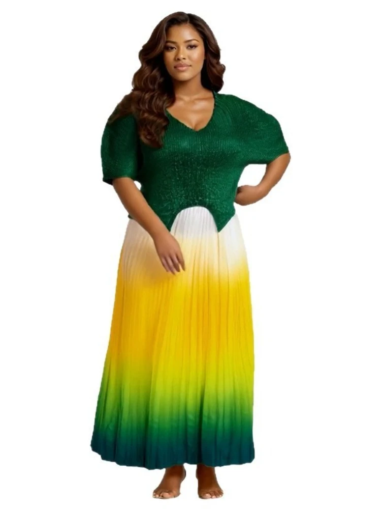 

Women Plus Size Gradient Color Long Skirts And Tops Pleated 2 Piece Outfit Luxury Dubai Prom 2025 Casual For Female Fashion Sets