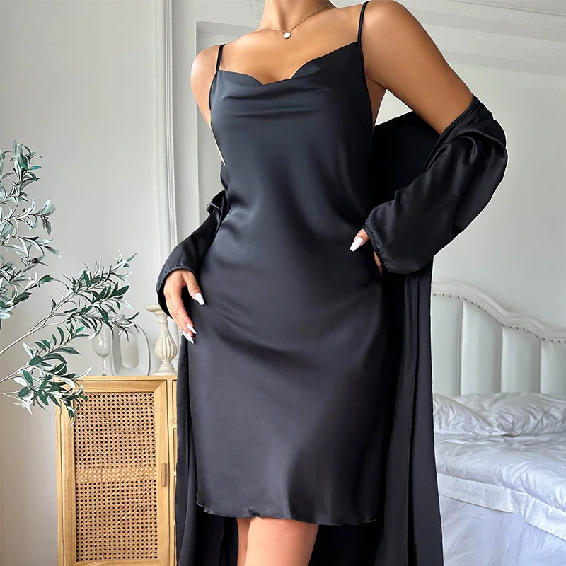 Female Twinset Robe Set Sexy Black Long Kimono Bathrobe Gowm Spring Summer Silk Satin Sleepwear Nightdress Loose Casual Homewear