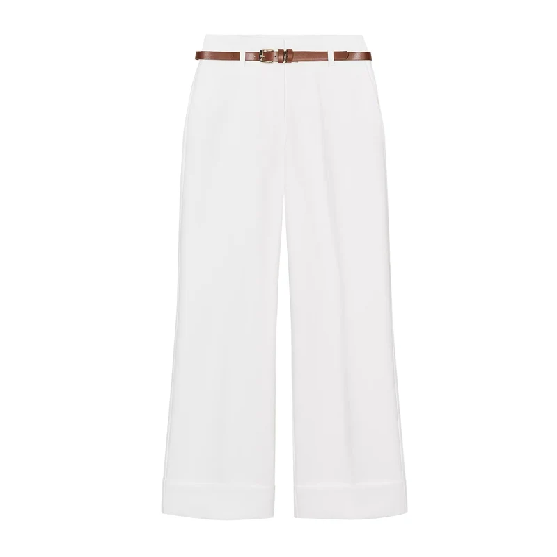 Summer Women's High Waist Simple Design Belted Casual Long Pants Straight Leg Zipper Closure Commute Sle Polyester Fiber