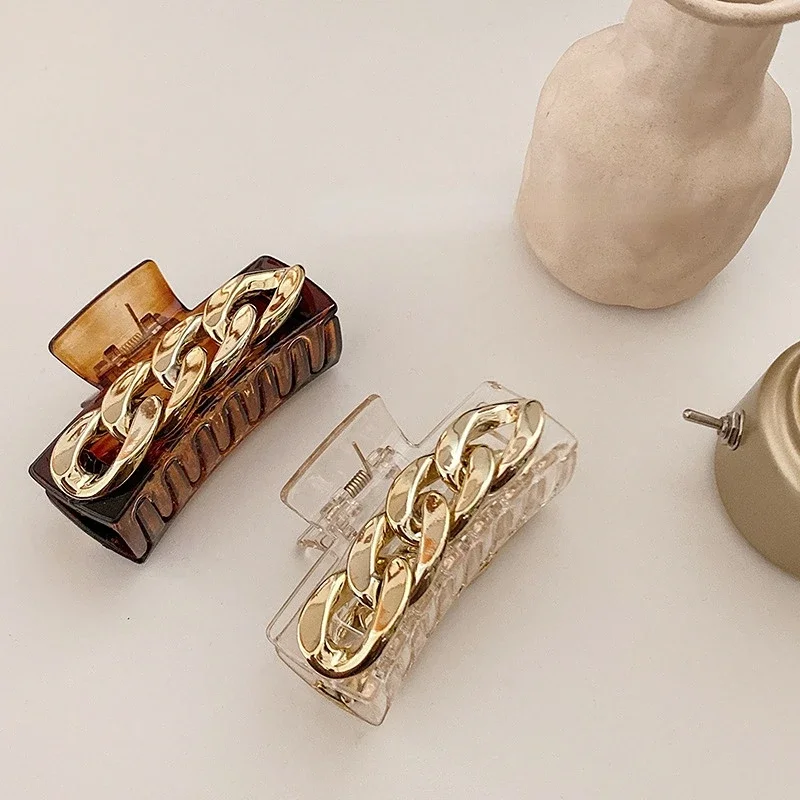 Jepit Rambut Model Hiu Akrilik Cakar Rambut Rantai Emas Antik Mode Korea Baru Aksesoris Rambut Model Amber untuk Wanita