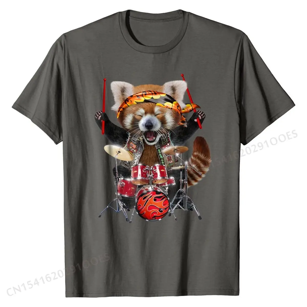 Punk Red Panda Play Drum in Heavy Metal Band - T-Shirt Europe Top T-shirts for Men Cotton Tops & Tees Personalized Classic