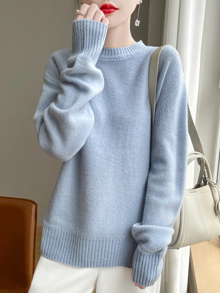 Damski sweter ze 100% wełny merino, miękki, ciepły, jesienno-zimowy, z okrągłym dekoltem, dzianina, casualowy, prosty, wygodny, pełen gracji.