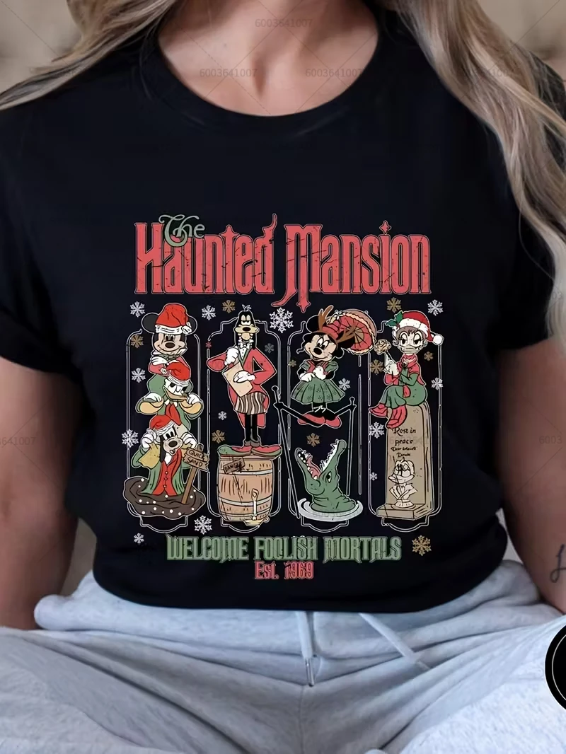 MINISO Disney Mickey Minnie Mouse Christmas Women's Men T Shirt O-Neck Tee Unisex Clothing Short Sleeve Oversized Streetwear