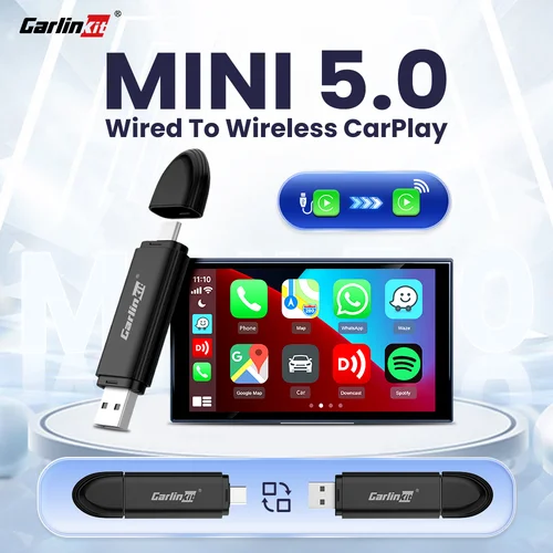 Imagen 1 del producto Adaptador inalámbrico CarPlay MINI 5.0 CarlinKit con conexión por cable a Car Play Box inalámbrico para coche OEM, conexión USB Plug and Play, WiFi, BT, conexión automática