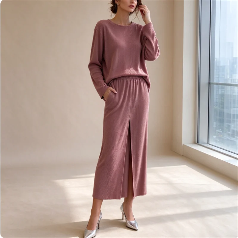 Women Ribbed Knit 2 Piece Set Caramel Long Sleeve Top Wide Leg Pants Split Hem Lounge Wear Casual Autumn Outfits Tracksuit